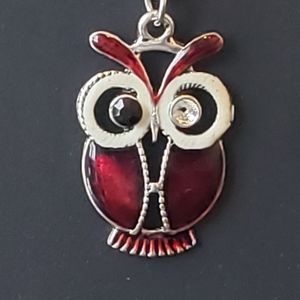 NWT Owl Necklace with Dark Red Stones and 20" Chai